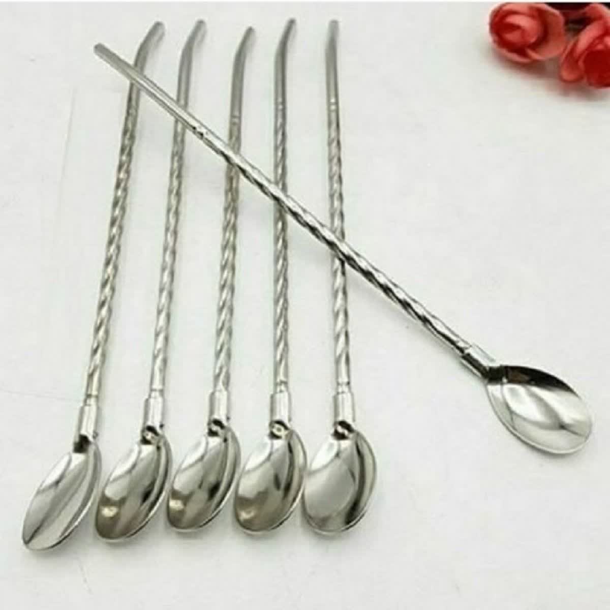قاشق نی دار 6 عددی مارپیچ نقره ای